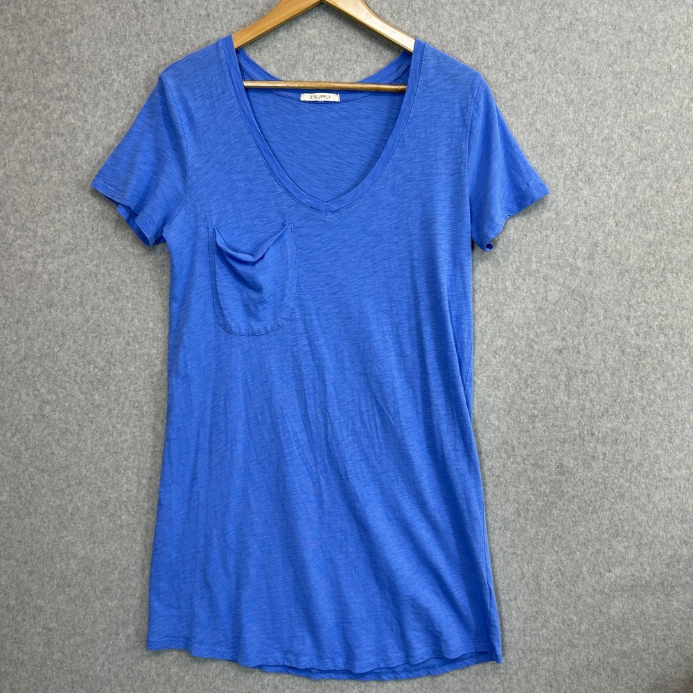 Z Supply Sz Small The Pocket Tee Mini Dress Blue V-Neck Slub Knit Cotton Casual